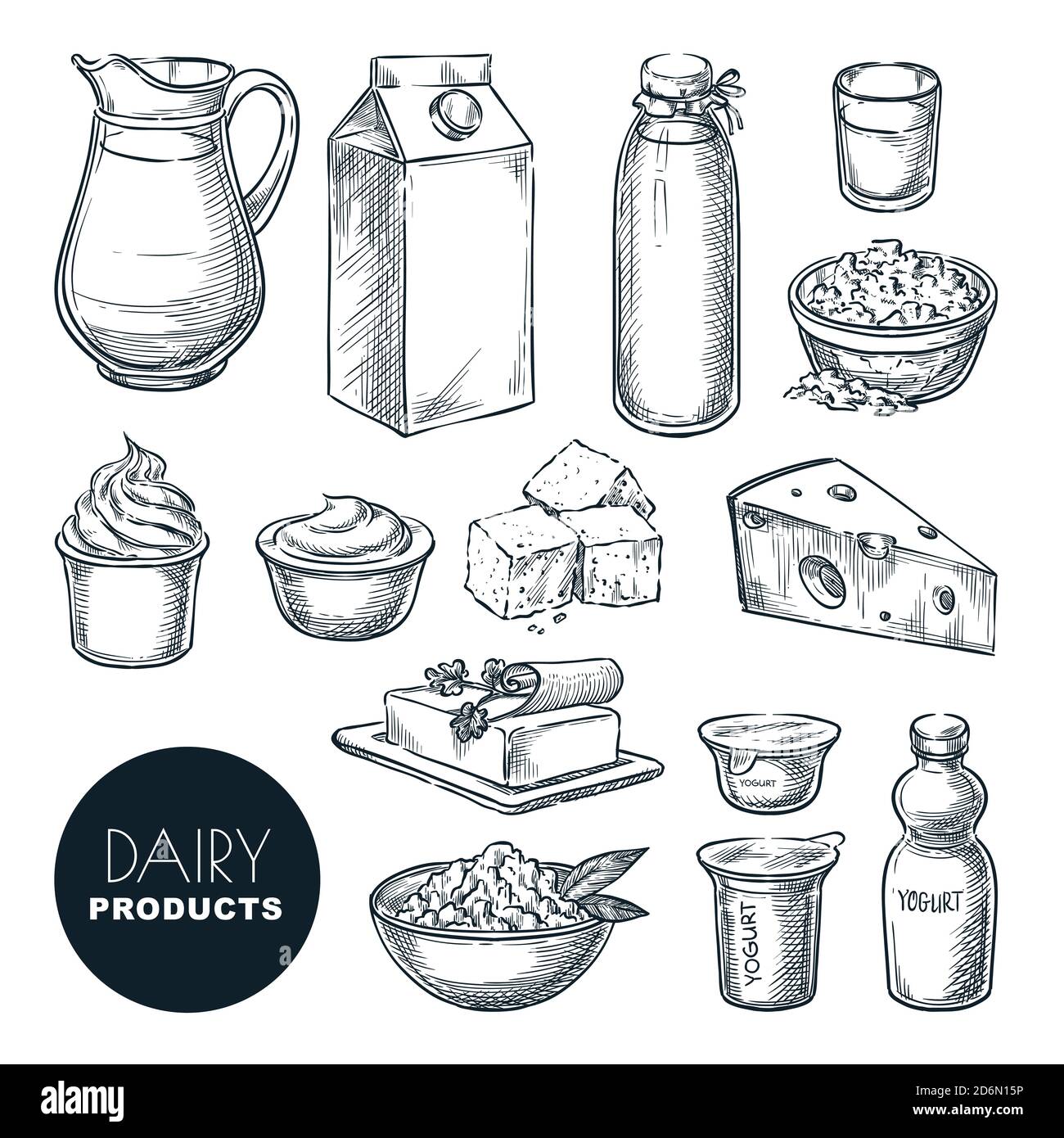 Dairy farm fresh products set. Vector hand drawn sketch illustration. Milk bottle, cottage cheese, yogurt package, butter icons. Stock Vector