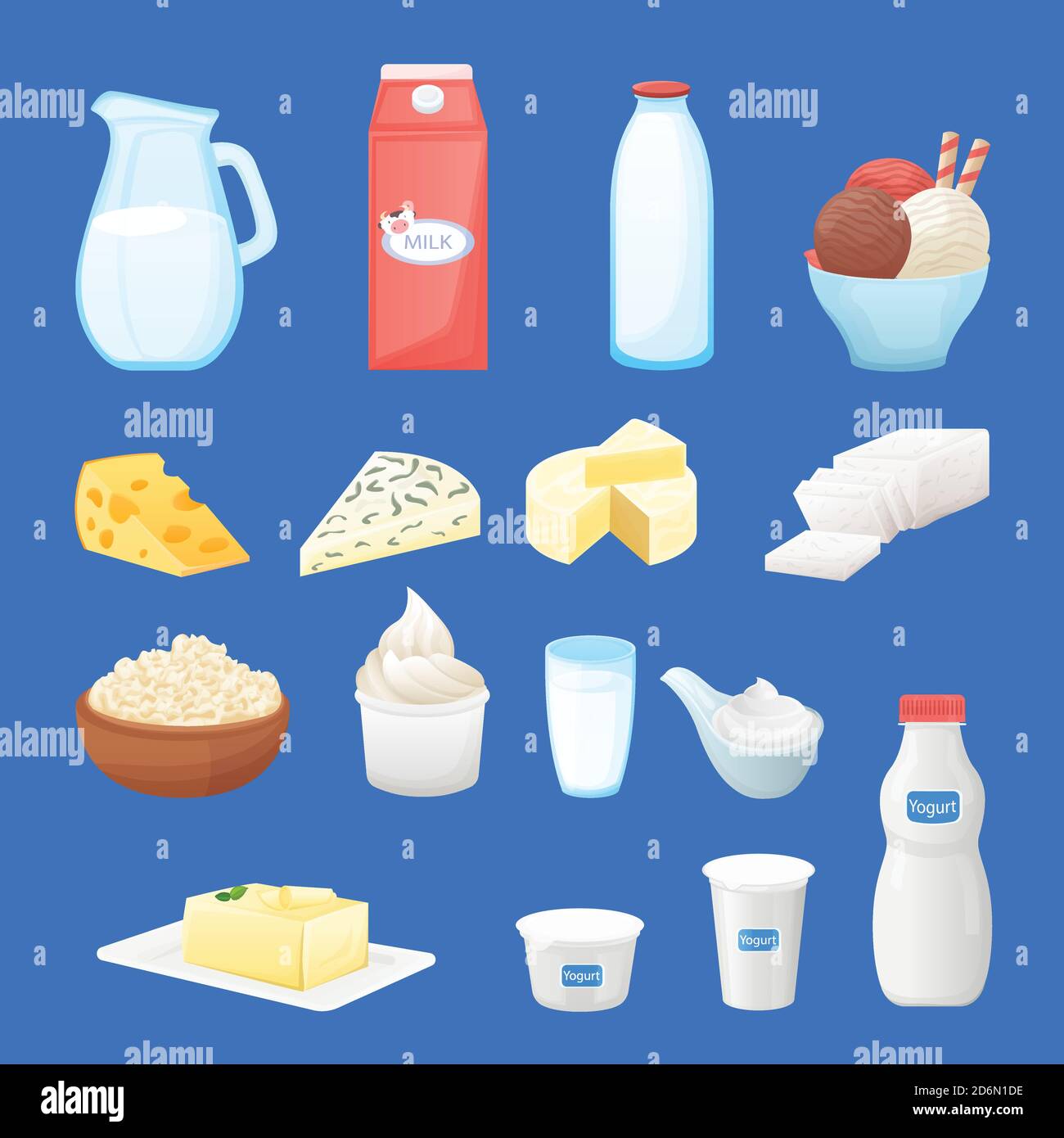 Dairy farm fresh products set. Vector cartoon healthy food illustration. Milk bottle, cottage cheese, yogurt package, butter icons. Stock Vector