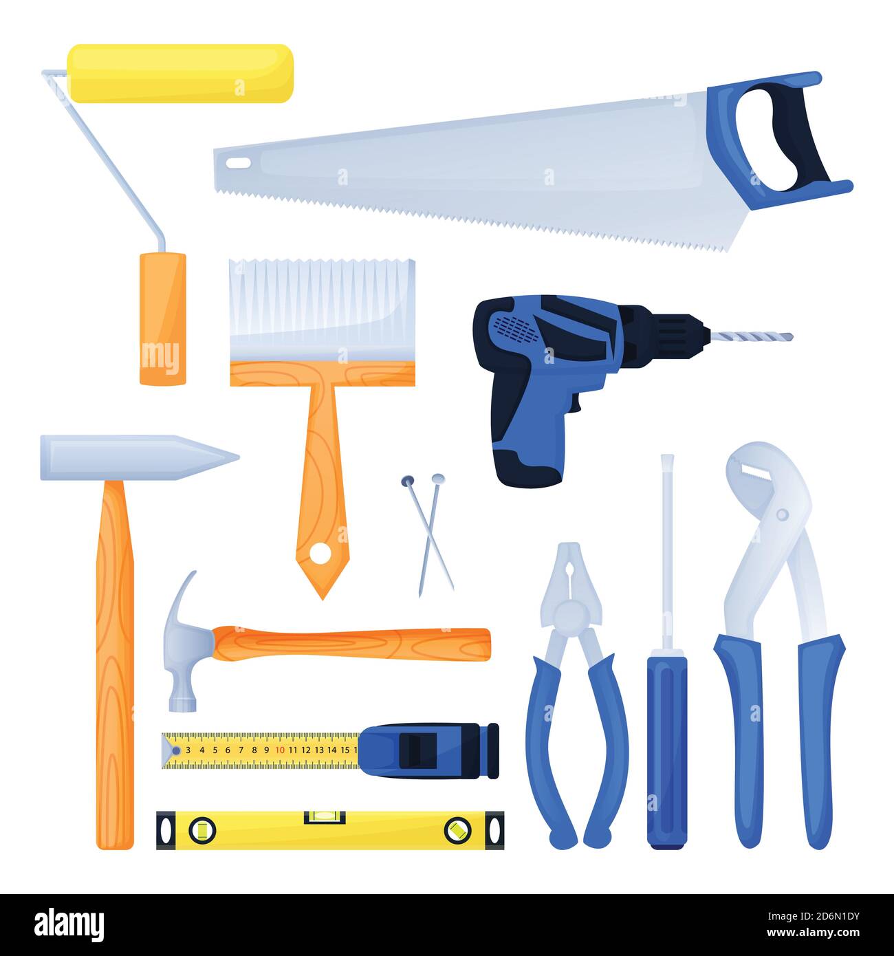 Handyman working kit, home repair tools. House building equipment design elements set. Vector cartoon isolated illustration. Stock Vector