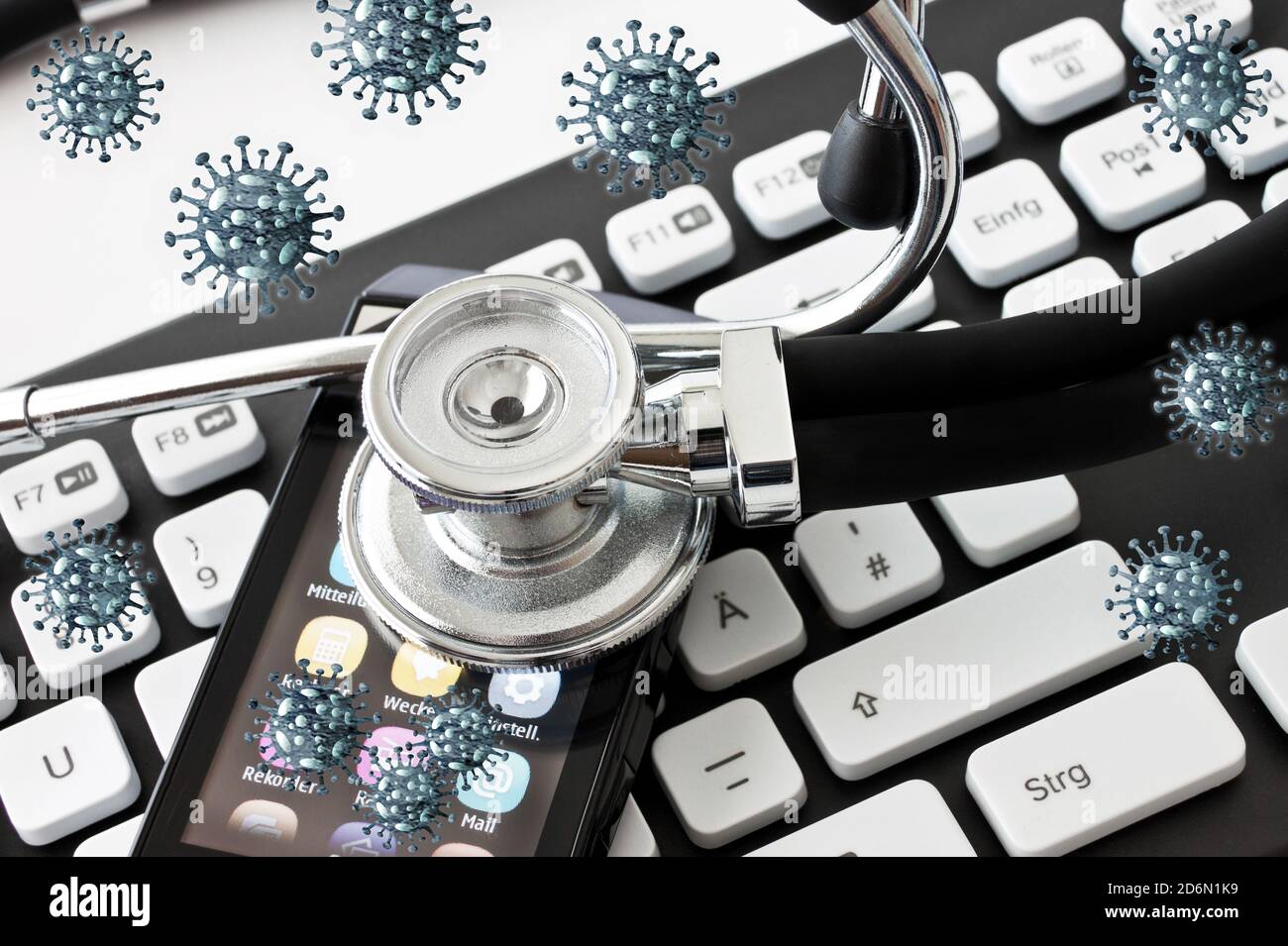Corona Virus mit Stethoskop, Smartphone und Tastatur Konzept Stock Photo