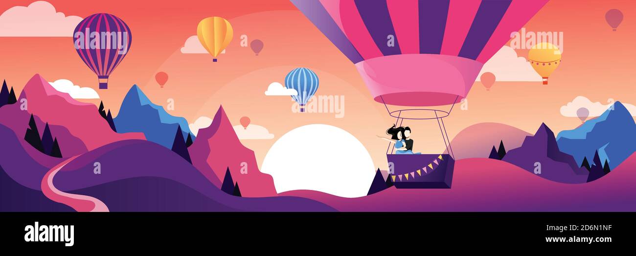 Couple flying hot air balloon above mountains. Air balloon festival vector flat illustration. Romantic summer travel concept. Stock Vector