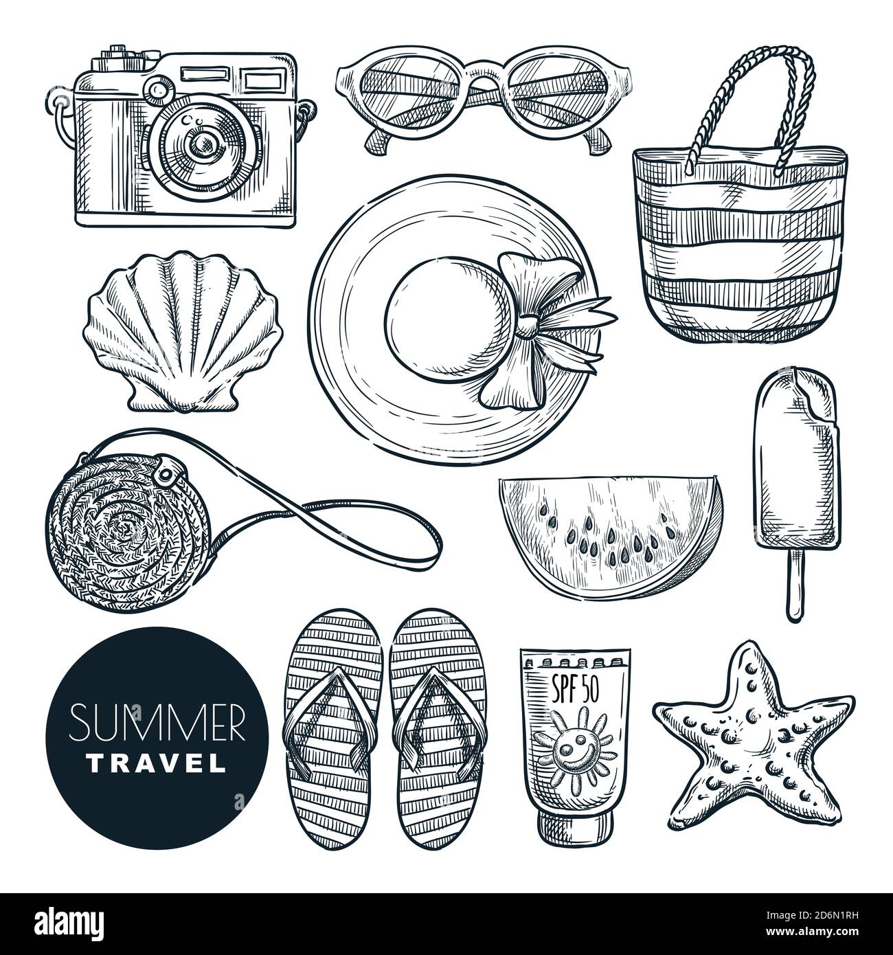 Summer travel essentials, vector sketch illustration. Hand drawn fashion  accessories for beach vacation. Icons and design elements set isolated on  whi Stock Vector Image & Art - Alamy
