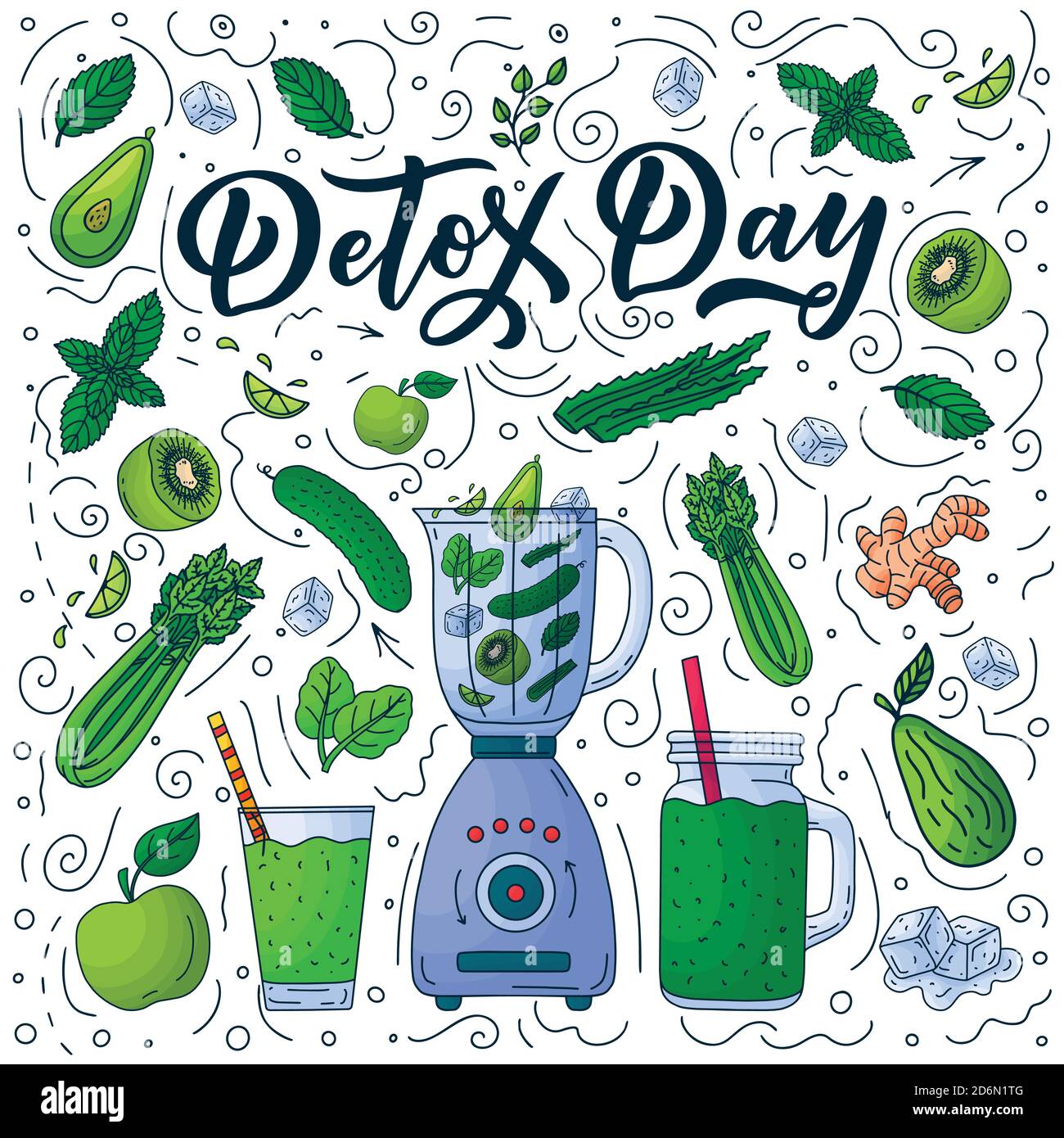 Detox fresh cocktails and smoothie bar menu design elements. Vector illustration. Hand drawn calligraphy lettering and vegetarian organic green food. Stock Vector