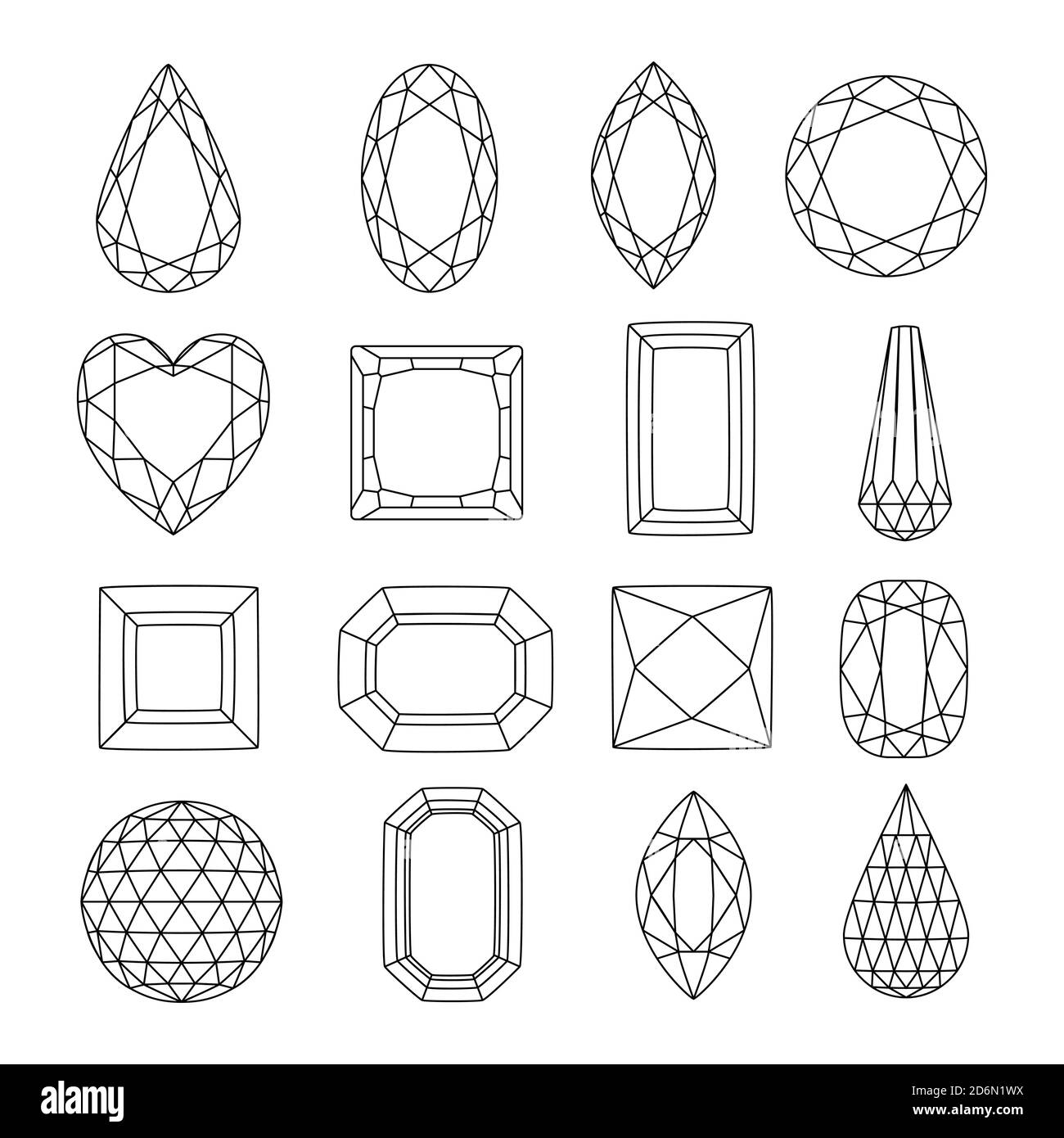 Line art gems, vector icons set. Diamonds and jewels linear illustration. Precious gemstones design elements. Stock Vector