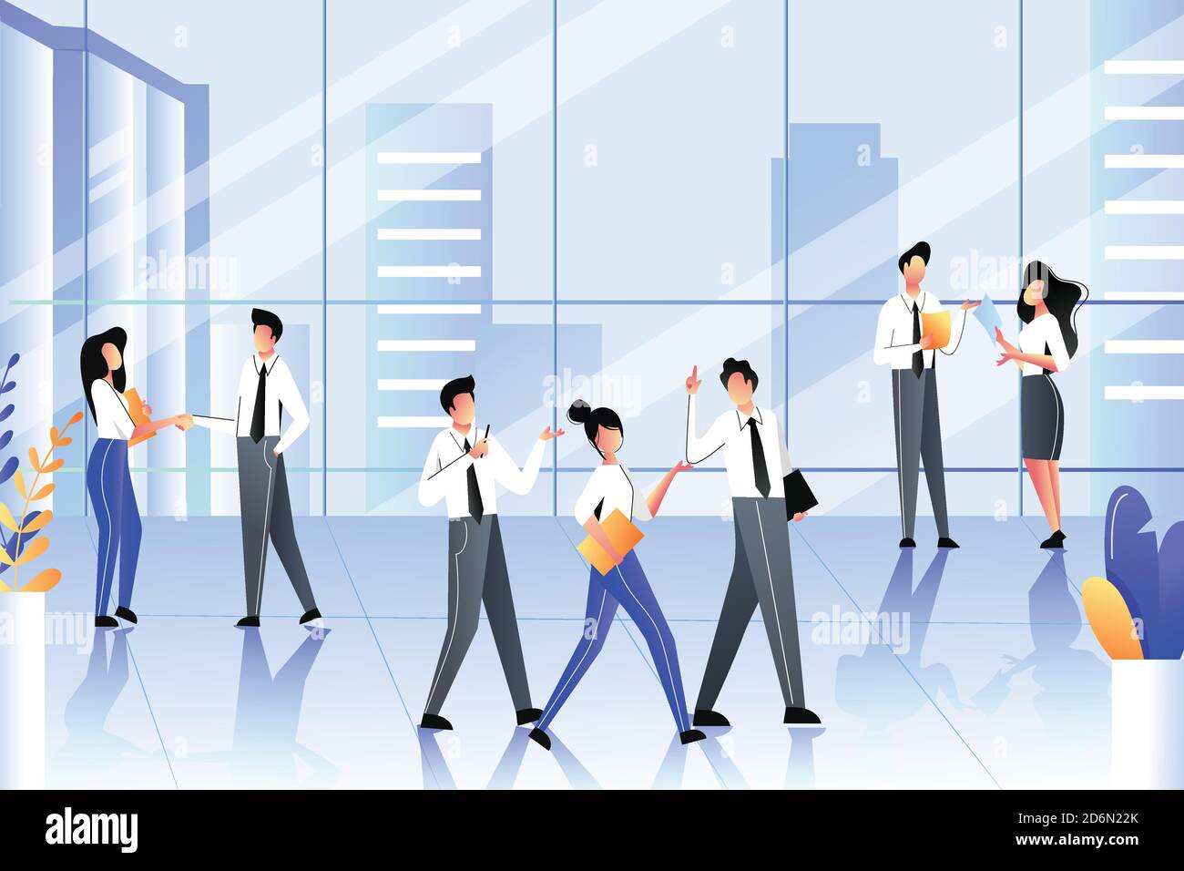 Business people in modern building of corporate office. Team communication, meetings and work process. Vector trendy flat illustration. Stock Vector