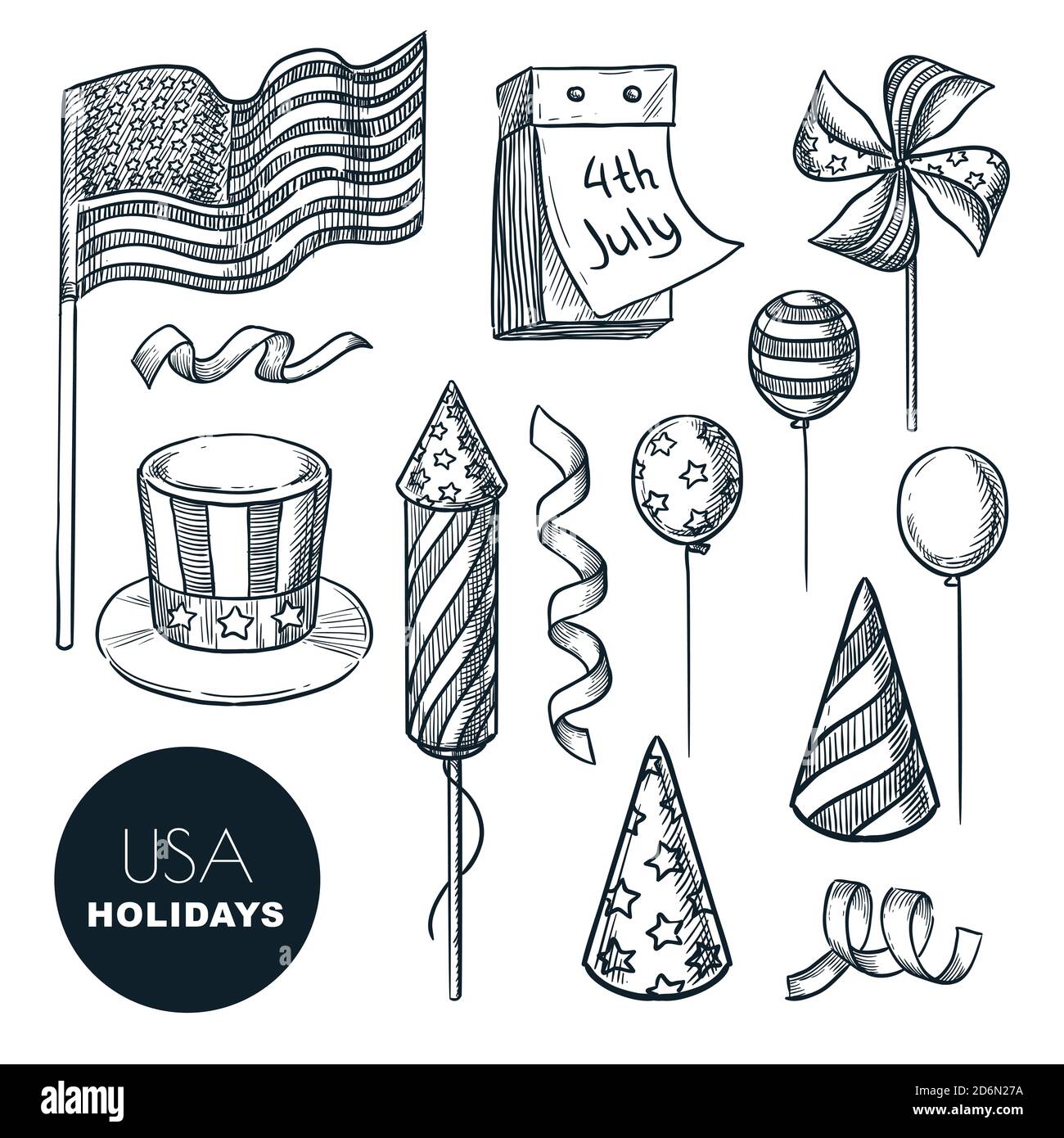 USA national holidays symbols. Vector sketch illustration. Isolated hand drawn design elements for USA Independence Day. 4 of July celebration icons. Stock Vector