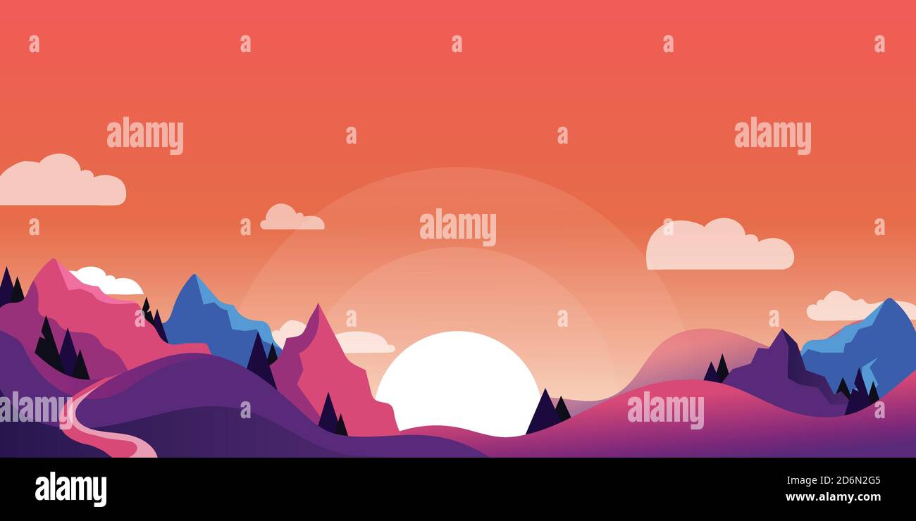 Mountains and hills landscape, horizontal nature background. Vector cartoon illustration of beautiful pink and purple sunset. Stock Vector