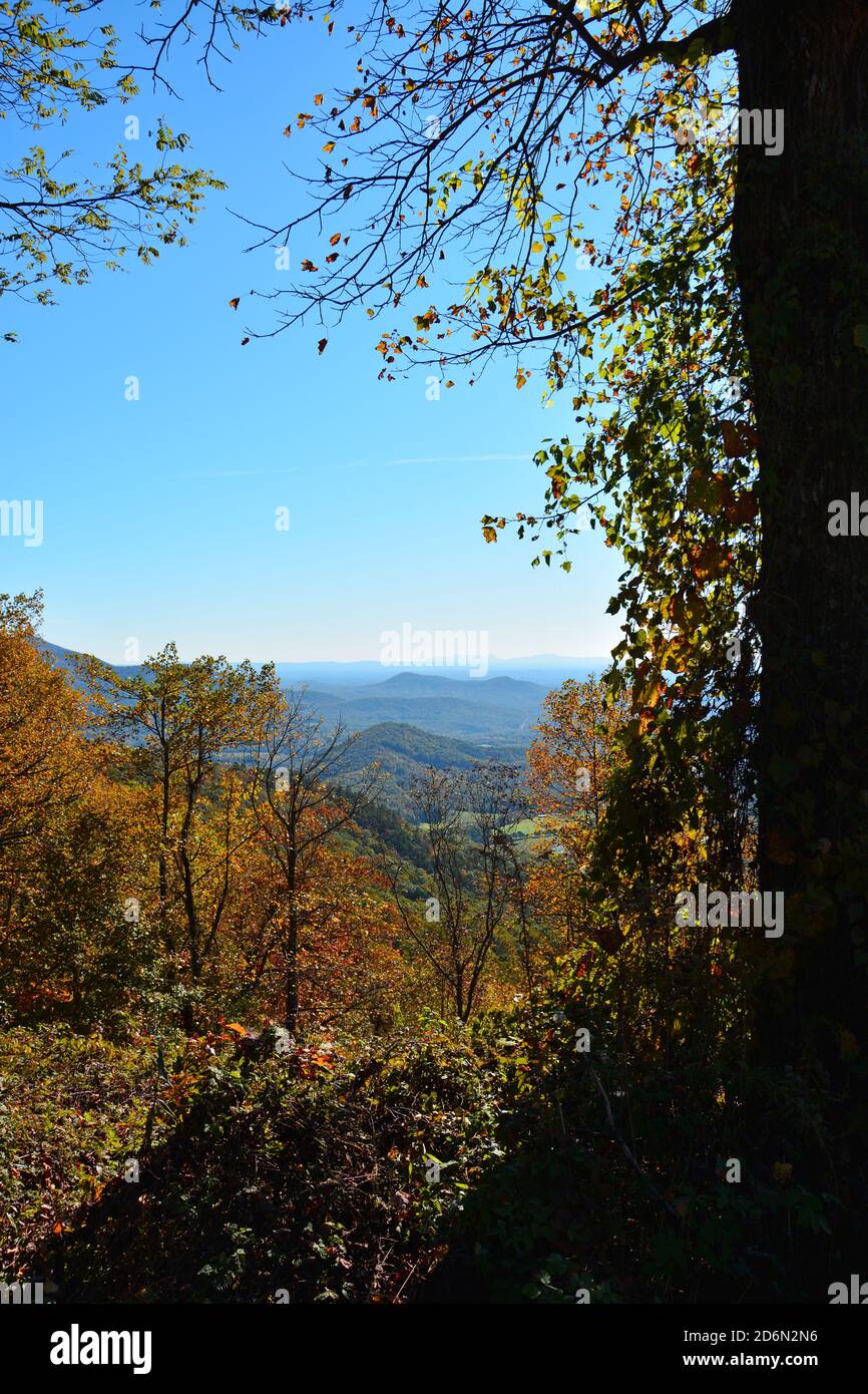 View from an overlook during fall in North Carolina on the Blue Ridge Parkway. Stock Photo
