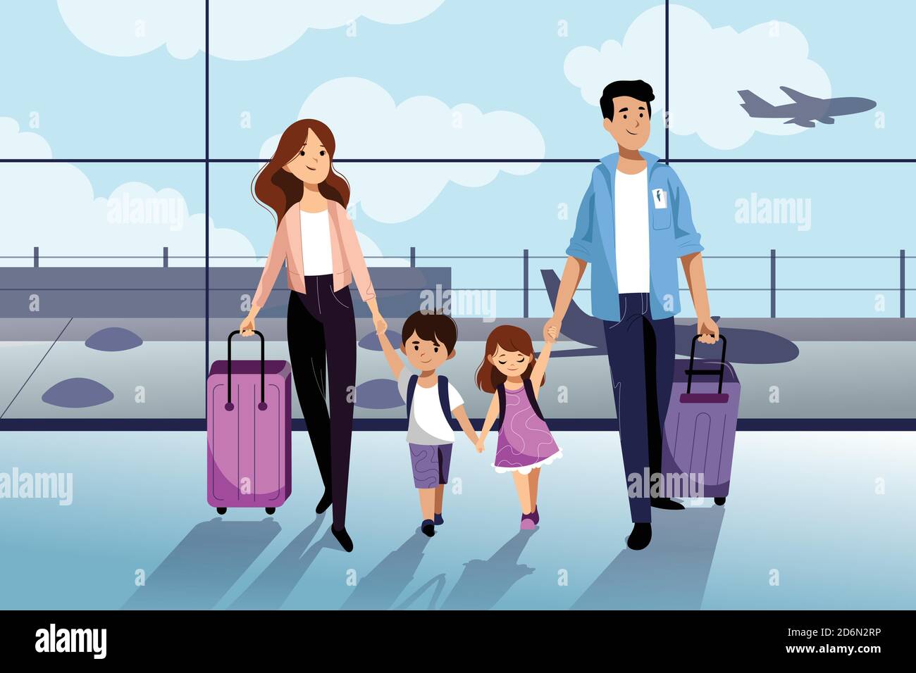 Happy family with two kids going to their summer vacation. Family travel by airplane. Young woman, man, boy and girl in airport. Vector flat cartoon i Stock Vector