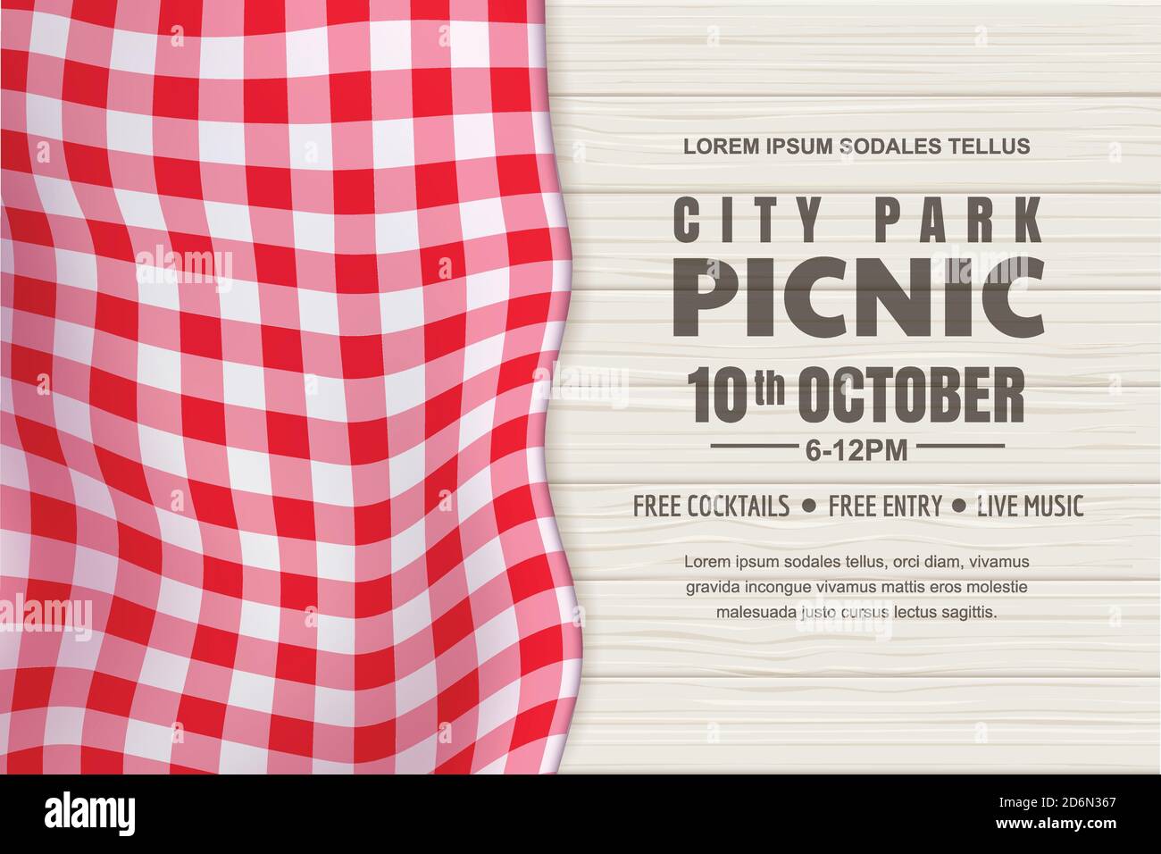 Picnic horizontal background. Vector poster or banner design template with realistic red gingham tablecloth on white wooden table. Restaurant, cafe me Stock Vector