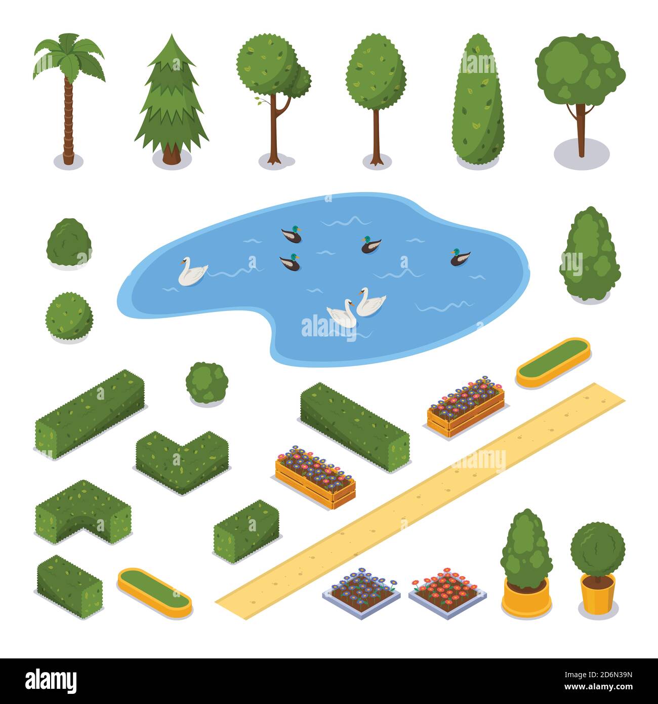 City public park 3d isometric flat icons. Vector urban outdoor landscape design elements. Green garden trees, pond and flower pots, isolated on white Stock Vector