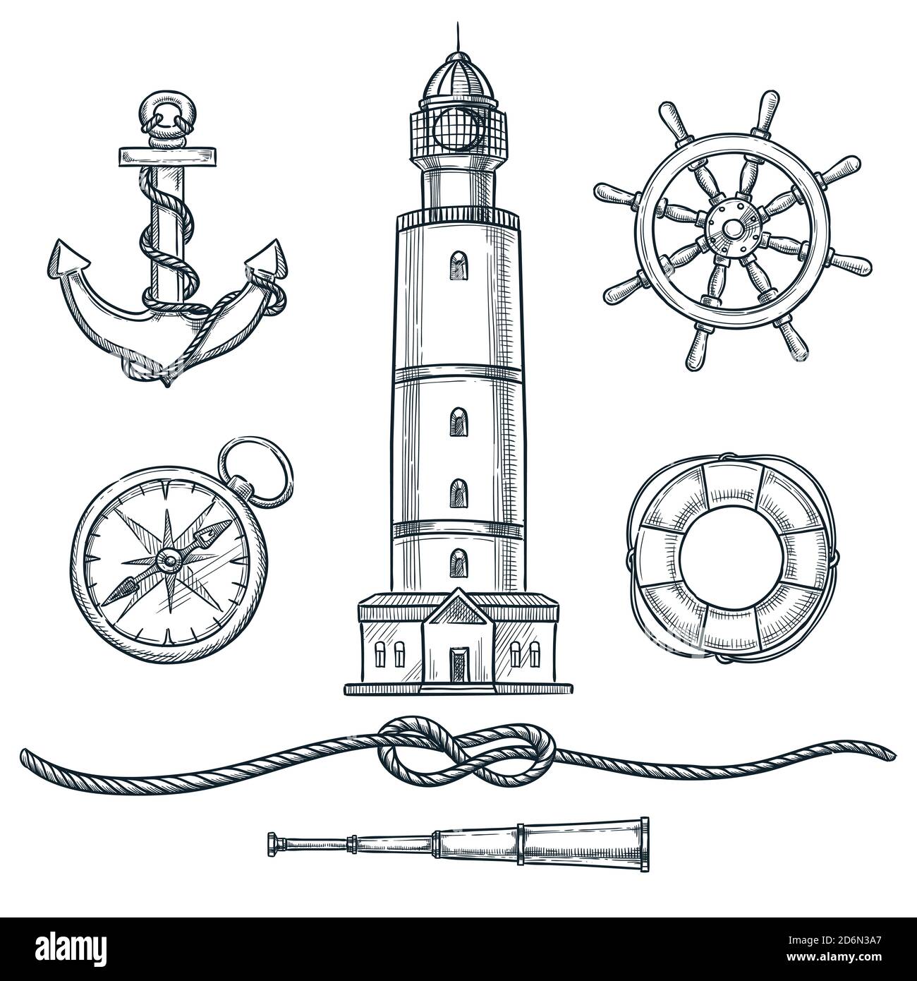 Summer nautical vintage icons set. Vector hand drawn sketch illustration. Sea and marine design elements isolated on white background. Stock Vector