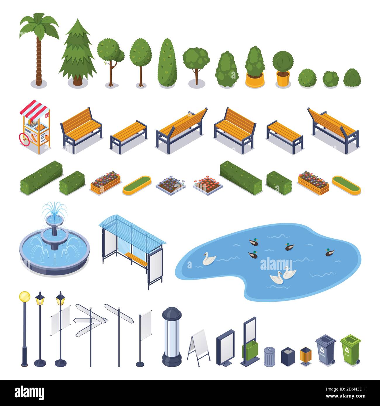 City streets and public park 3d isometric design elements. Vector urban outdoor landscape icons. Green trees, benches, lampposts, garbage containers, Stock Vector