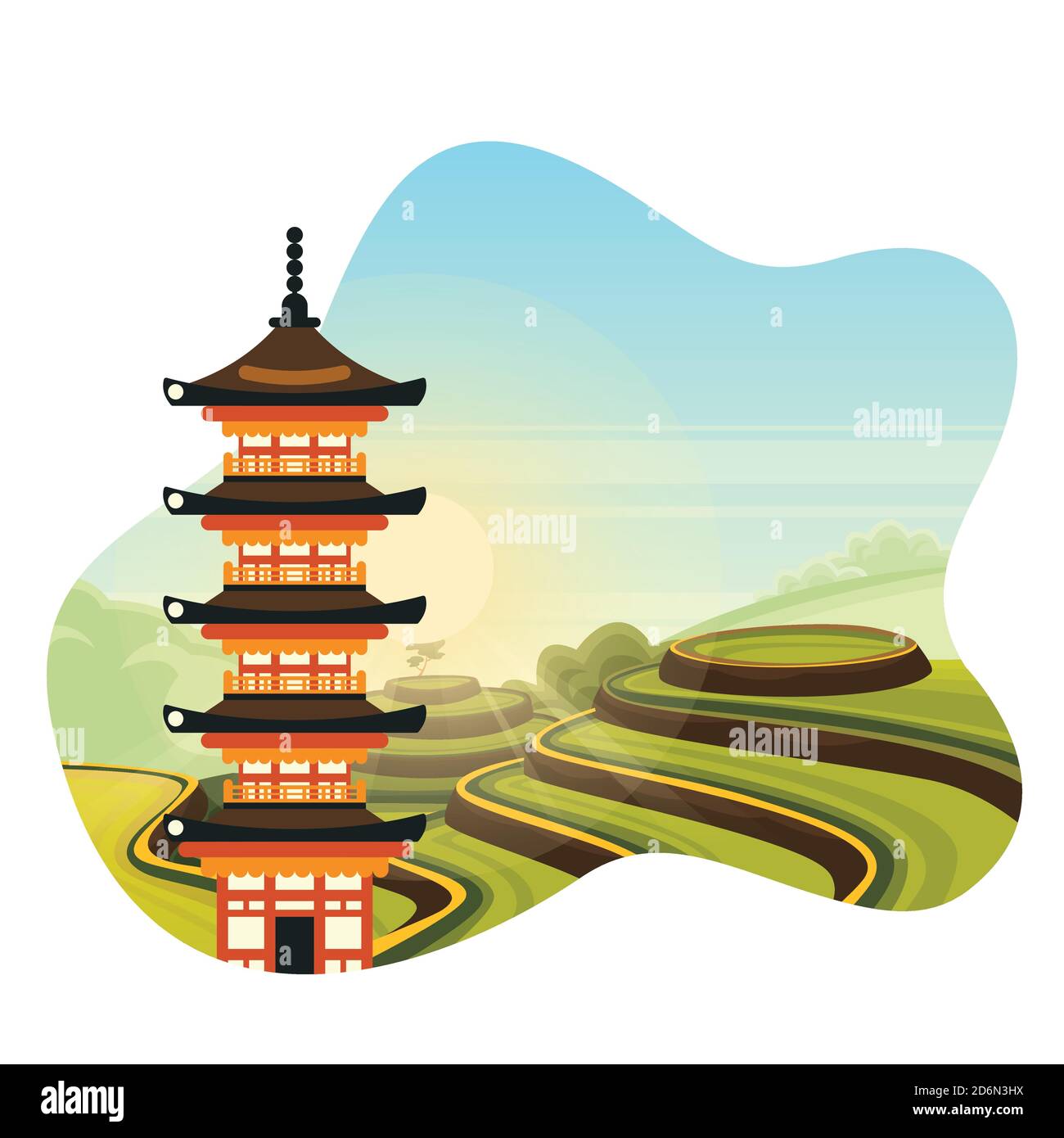 Chinese colorful pagoda on rice terrace fields background. Travel to China isolated vector flat cartoon illustration. Asian traditional architecture a Stock Vector