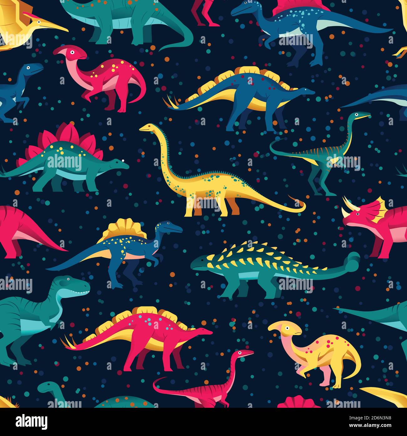 Colorful cute dinosaurs on black background. Vector seamless pattern. Fun textile cartoon kids print design. Stock Vector