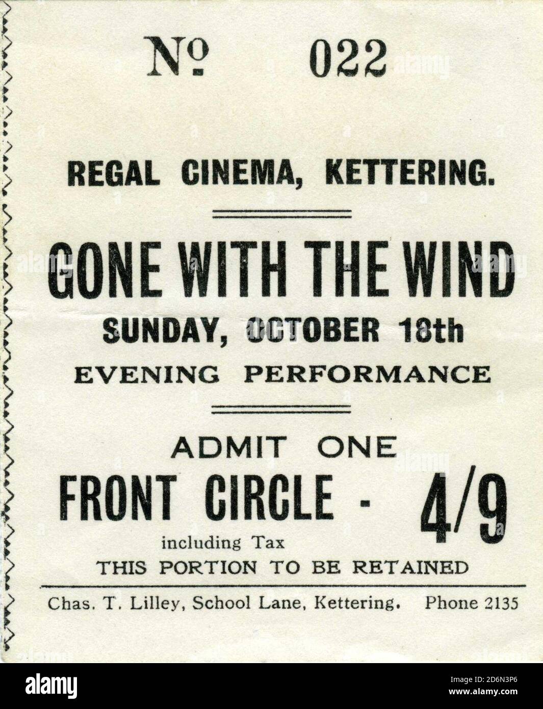 British cinema ticket stub from the Regal Cinema in Kettering for the Sunday October 18th 1942 performance of GONE WITH THE WIND 1939 director VICTOR FLEMING novel Margaret Mitchell music Max Steiner costumes Walter Plunkett producer David O. Selznick Selznick International Pictures / Metro Goldwyn Mayer Stock Photo