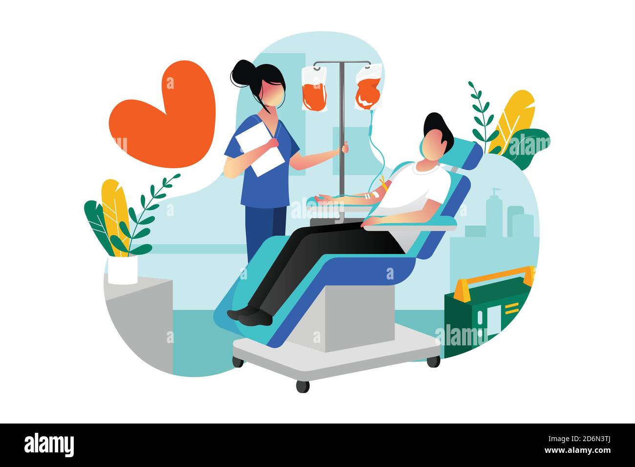 Blood donation, transfusion. Vector flat cartoon illustration. Volunteer male donor donating blood in medical hospital laboratory. World blood donor d Stock Vector