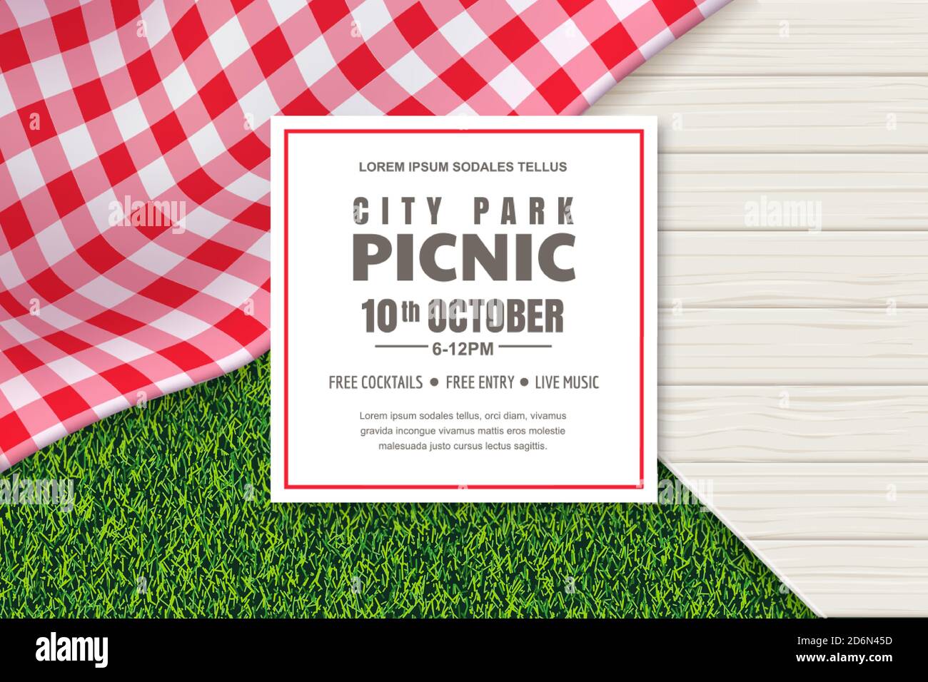 Picnic poster or banner design template. Vector background with realistic red gingham plaid or tablecloth, white wooden table and green grass lawn. Re Stock Vector