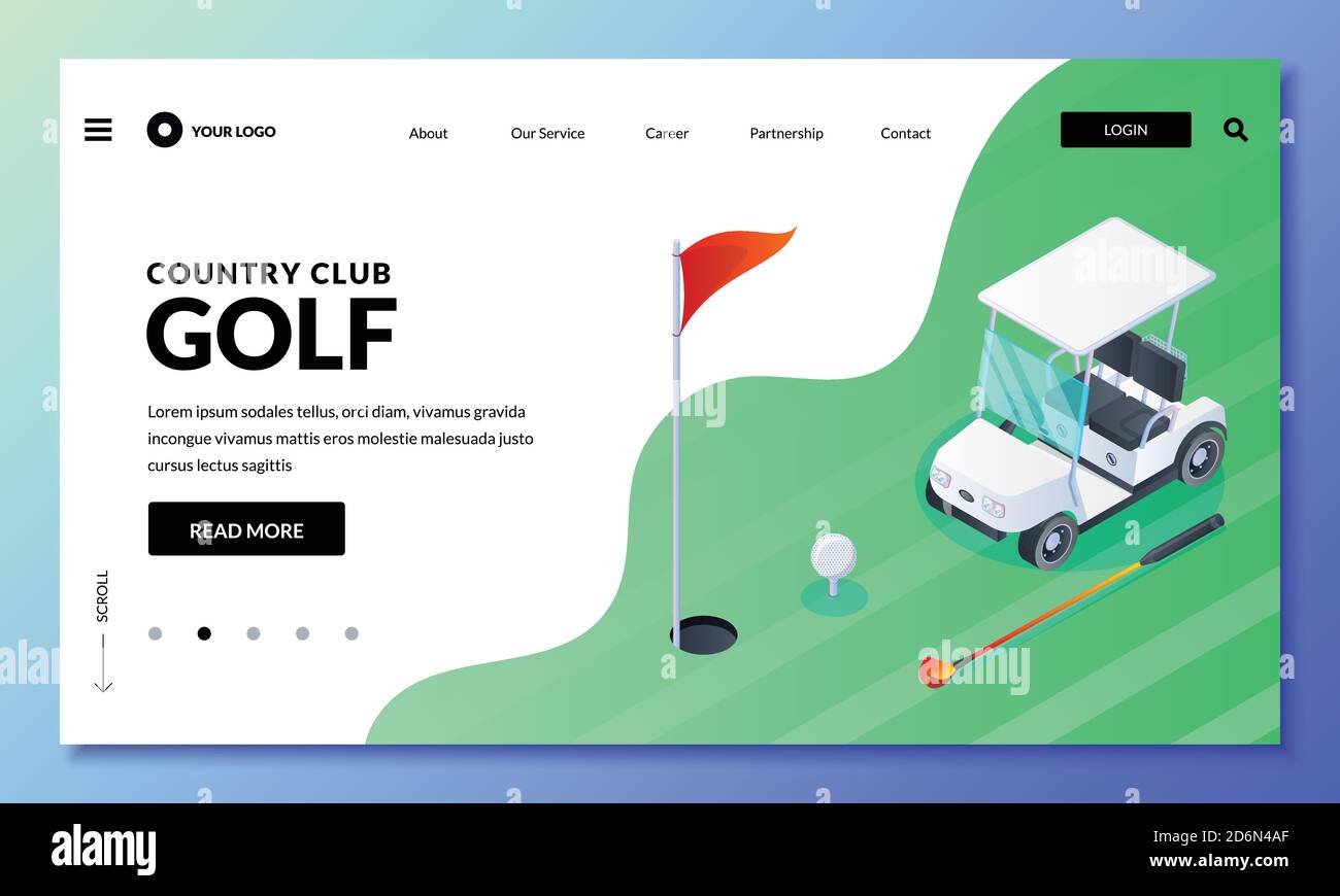 Golf club vector isometric illustration. Landing page or banner layout. Golf cart, ball, club on green field. Modern website design elements. Stock Vector