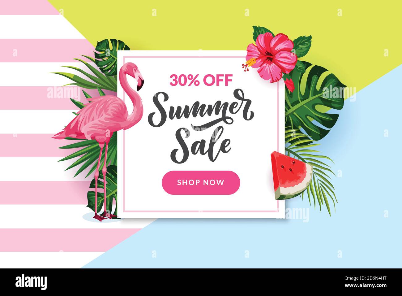 Tropical summer white frame on colorful background. Vector discount and sale banner, flyer, poster template. Cartoon illustration of beautiful pink fl Stock Vector