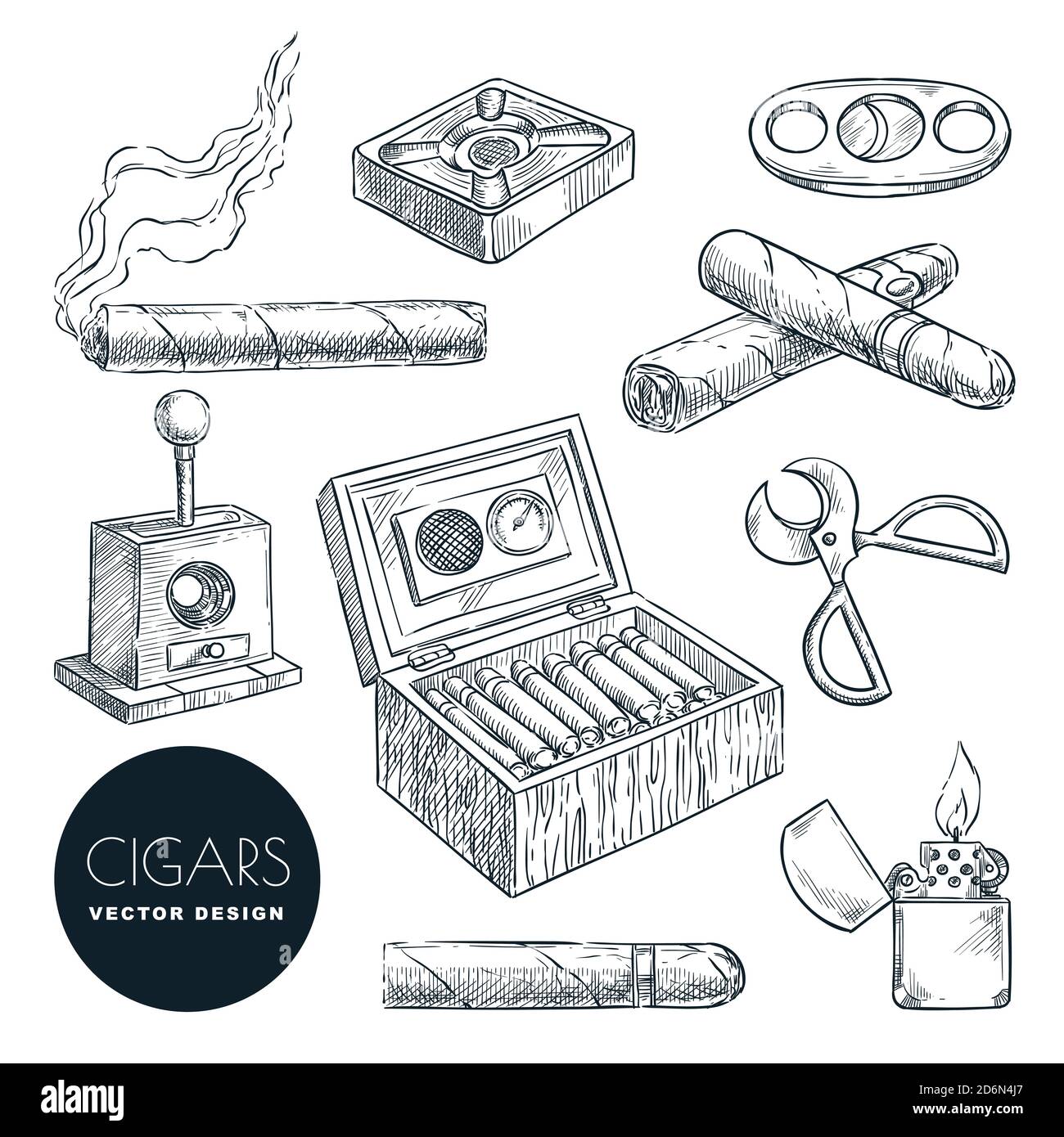 Cuban cigars and accessories vector vintage sketch illustration. Tobacco smoking hand drawn icons set, isolated on white background. Stock Vector
