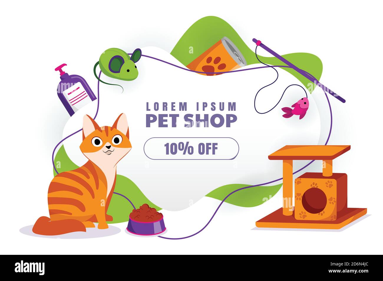 Pet shop discount sale poster or banner design template. Vector flat cartoon illustration of red cat with toys. Animal foods, accessories and toy stor Stock Vector