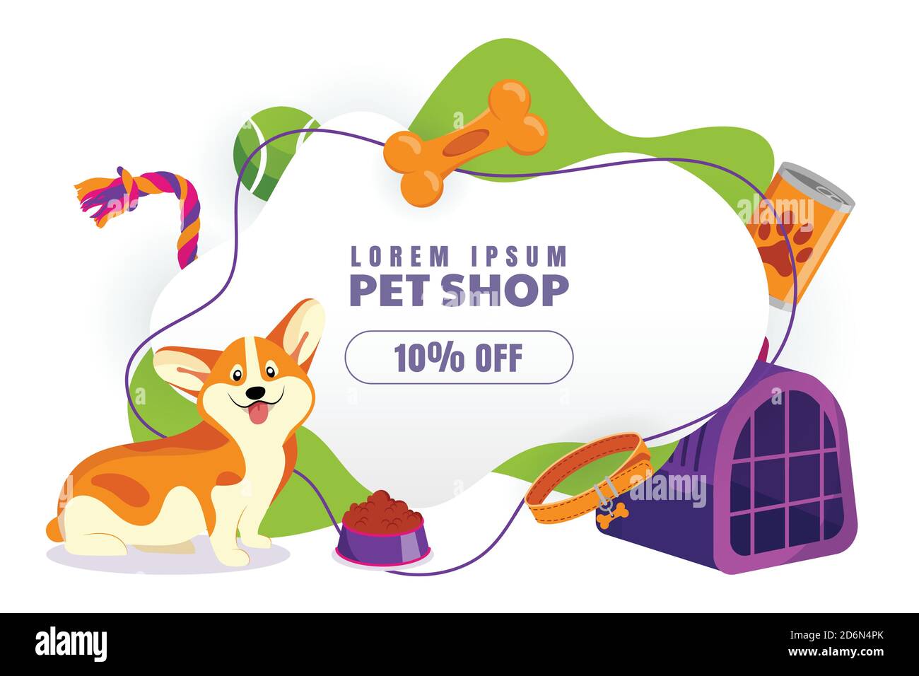 Pet shop discount sale poster, banner design template. Vector cartoon illustration of welsh corgi pembroke dog with toy. Animal food, accessories and Stock Vector