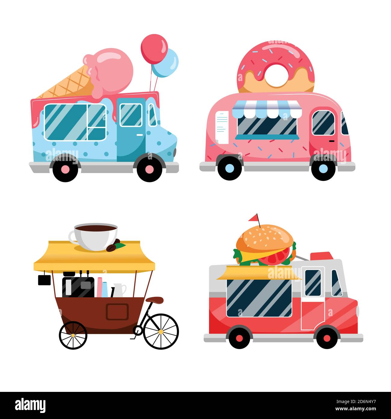 Street food trucks set, isolated on white background. Vector flat colorful illustration. Fast food meals service. Street food festival and catering bu Stock Vector