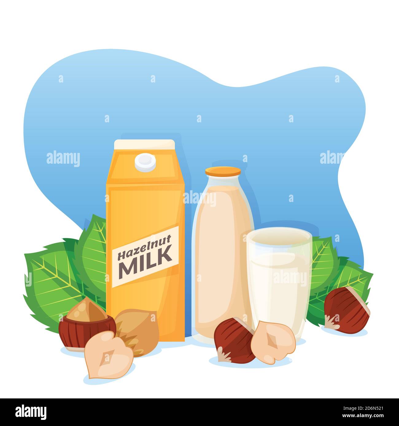 Hazelnut milk in packaging, bottle and glass, vector flat cartoon