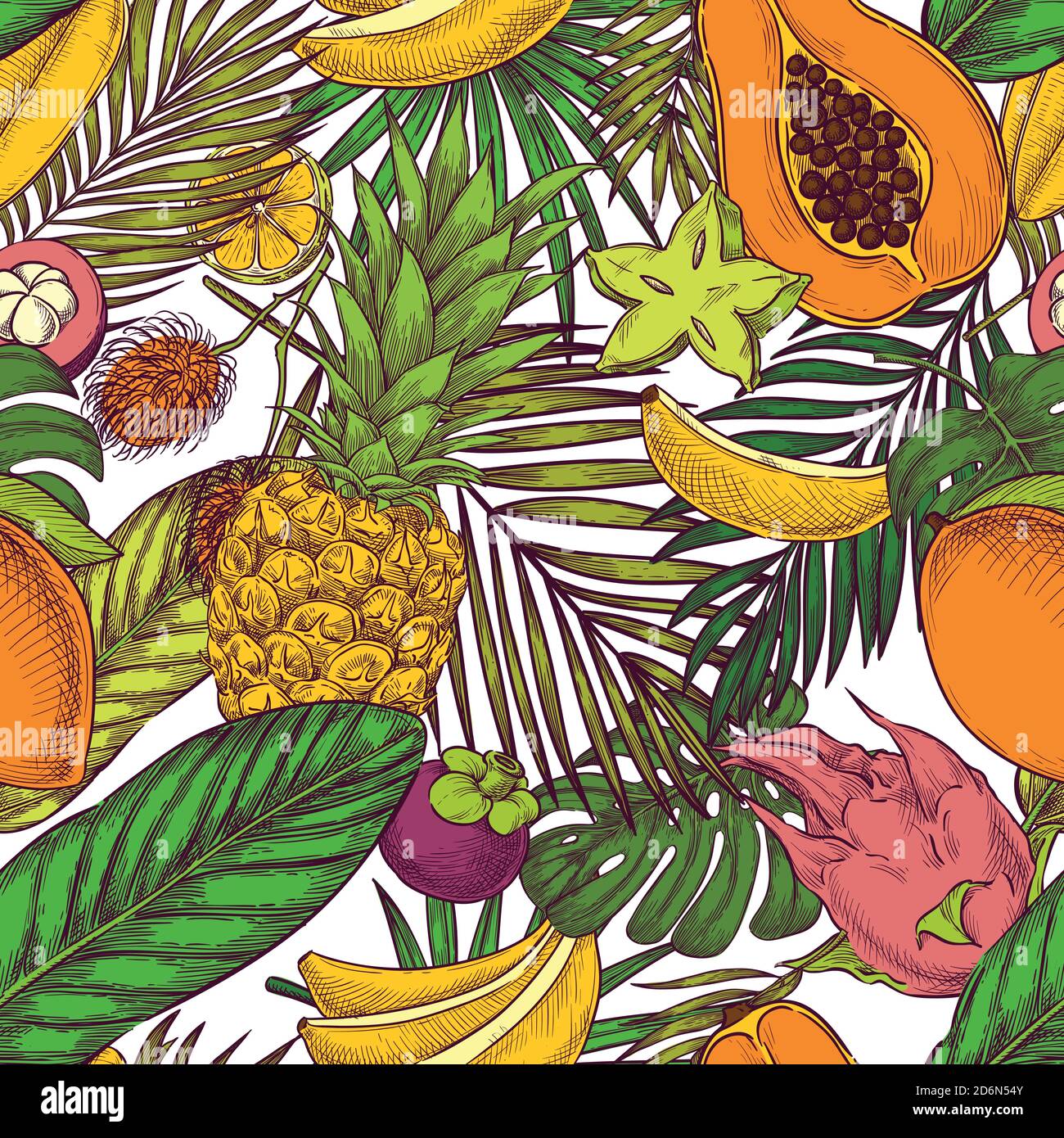 Tropical seamless pattern. Exotic fruits, pineapple, banana and palm leaves on white background. Vector color hand drawn sketch illustration. Summer t Stock Vector