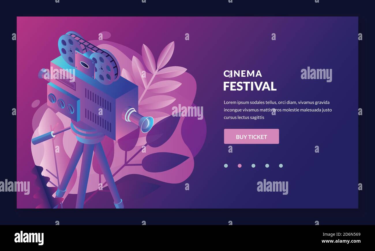Film festival poster or banner design template. Vector 3d isometric illustration. Glowing neon gradient cinema background with copy space. Landing pag Stock Vector