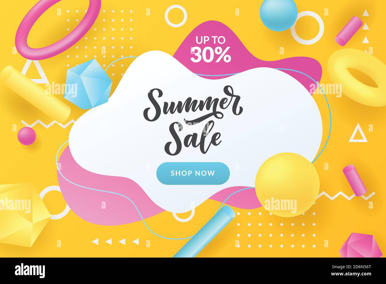 Summer discount and sale poster or banner design template. Vector 3d multicolor plastic geometric shapes on yellow background. Abstract white frame wi Stock Vector