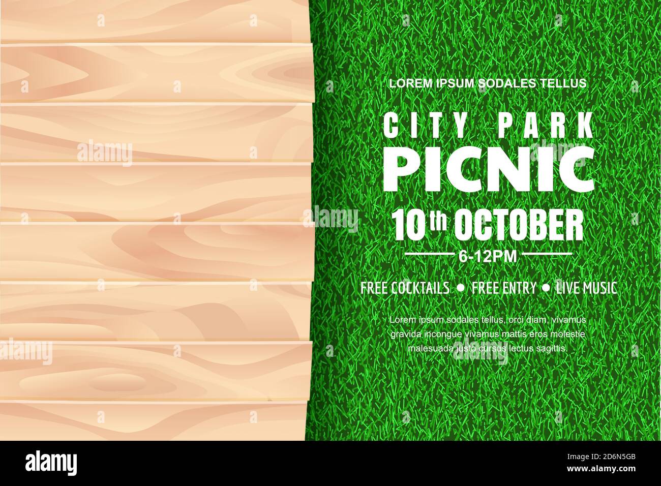 Picnic horizontal background. Vector poster or banner design template with  realistic light brown wooden table on green grass lawn. Summer street food  Stock Vector Image & Art - Alamy