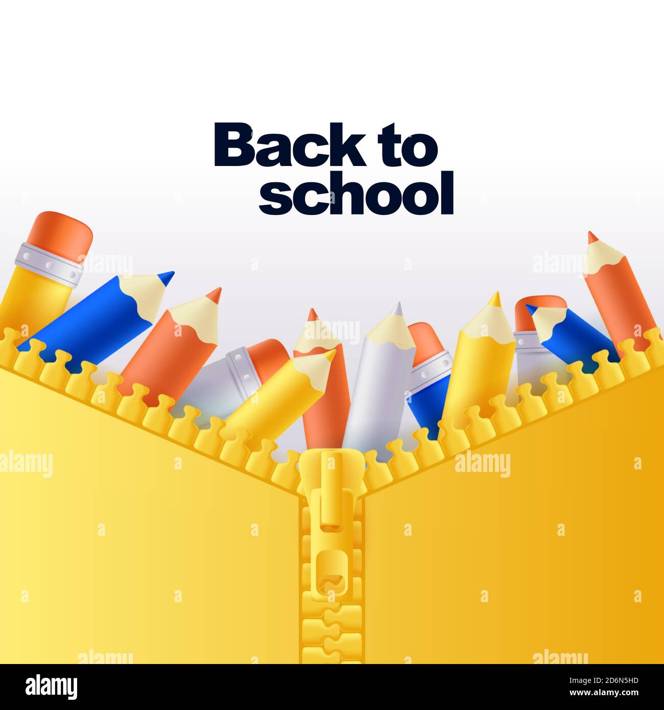Back to school banner or poster background. Vector 3d multicolor pencils in open zip fastener pocket. Yellow backpack close up illustration. Modern ed Stock Vector