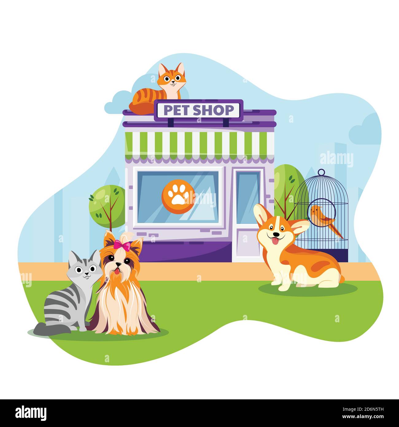 Pet store or vet clinic facade vector flat cartoon illustration. Cats and  dogs sitting near animal shop building Stock Vector Image & Art - Alamy