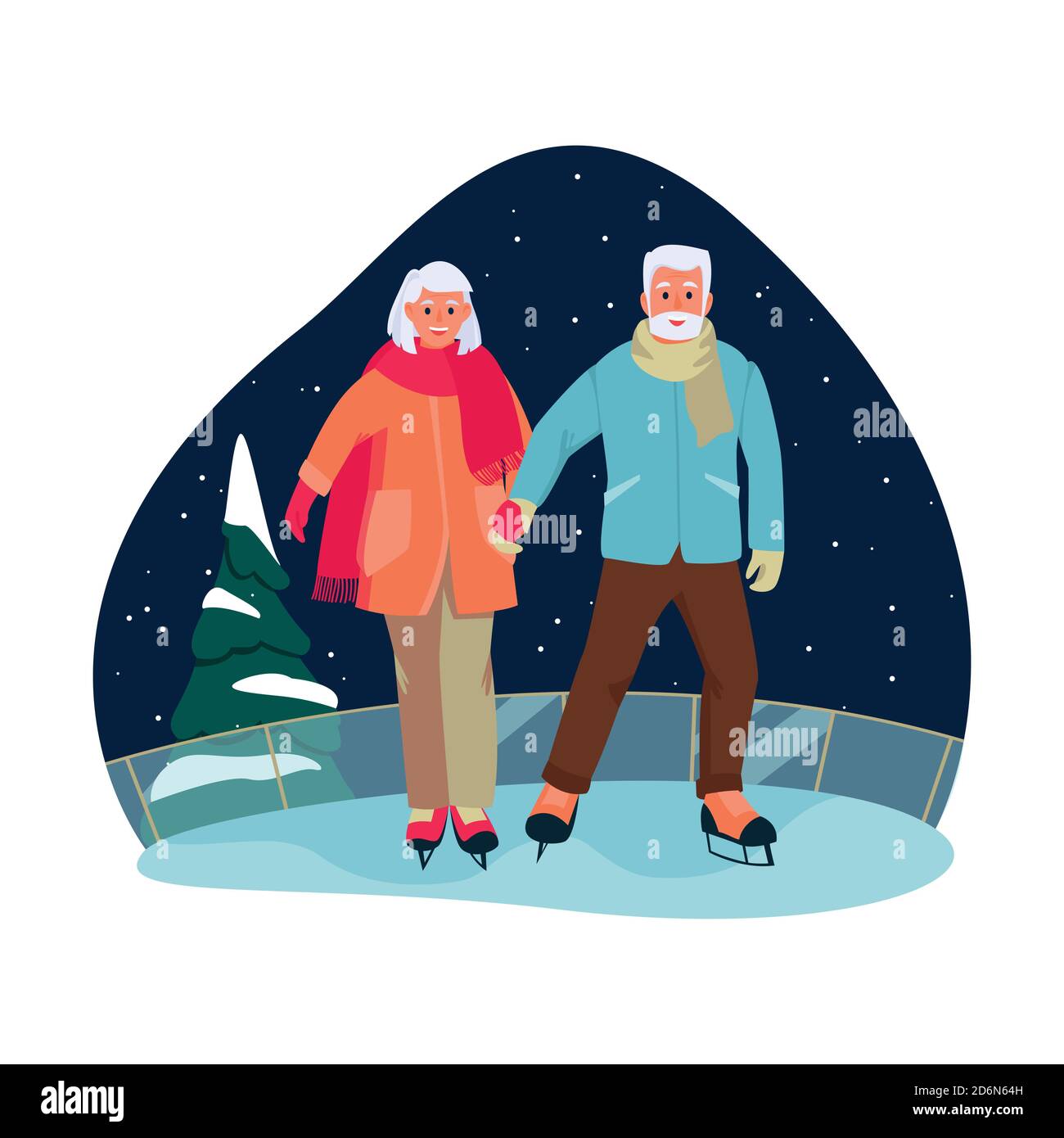 Elderly couple skate on the ice rink. Vector flat cartoon illustration of winter outdoor leisure. Concept of active healthy lifestyle of seniors. Stock Vector
