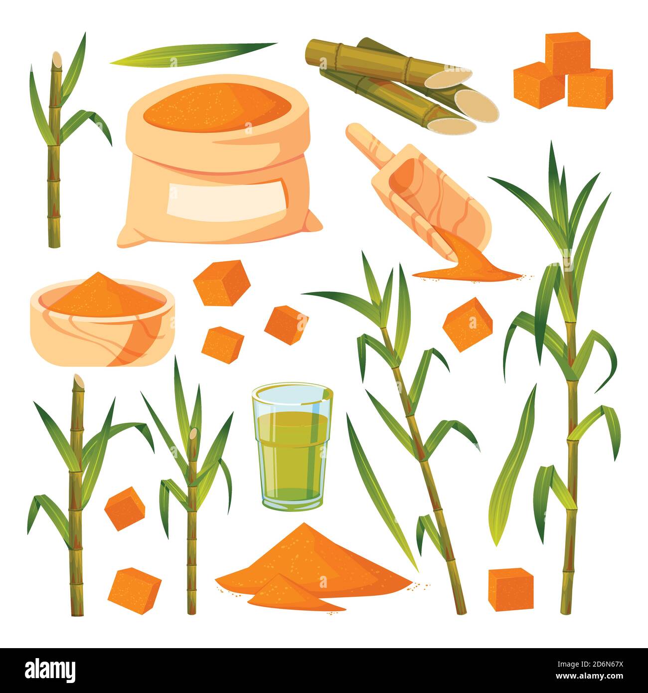 Sugar cane plant and green leaves vector flat cartoon illustration. Brown sugar in sack, bowl and spoon. Natural organic sweetener. Hand drawn isolate Stock Vector