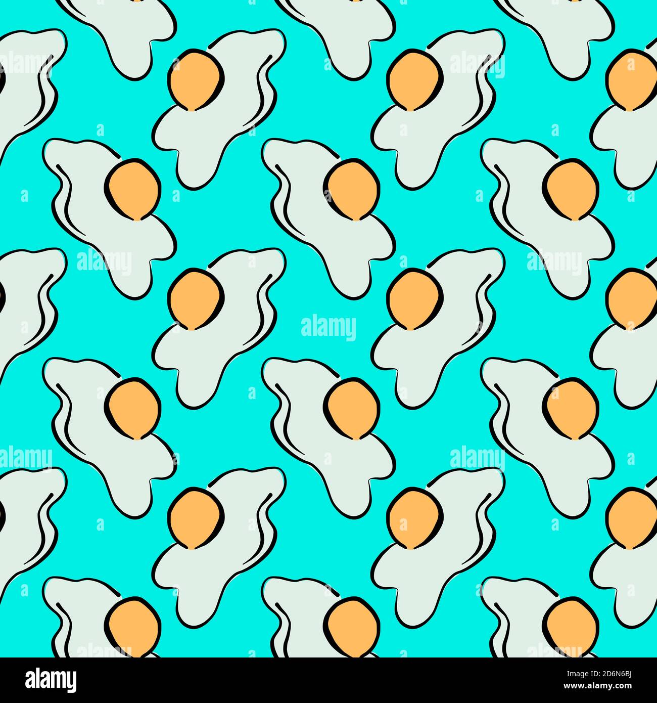 Cracked fried egg, seamless pattern on blue background. Stock Vector
