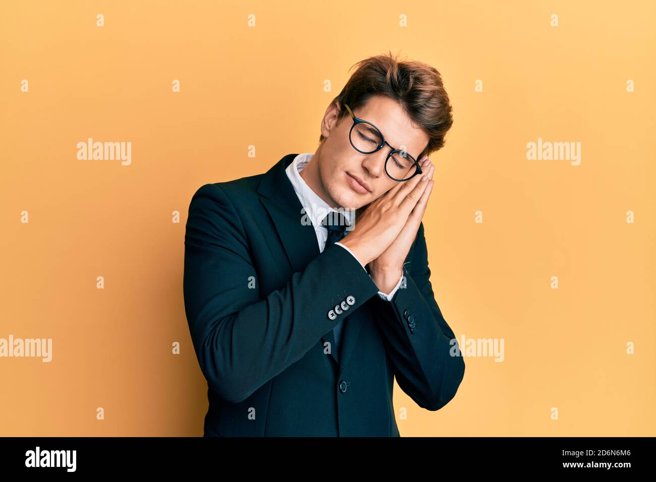 Handsome Caucasian Man Wearing Business Suit And Tie Sleeping Tired 