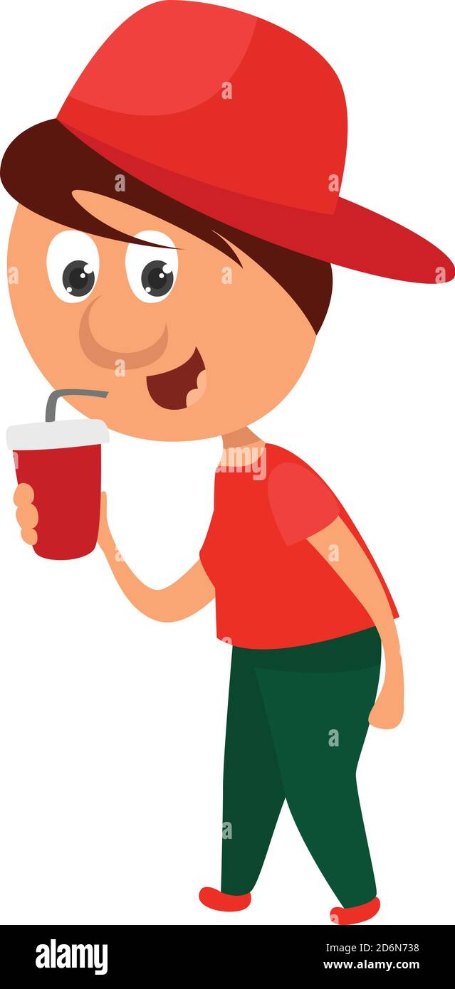 Boy with juice, illustration, vector on white background Stock Vector