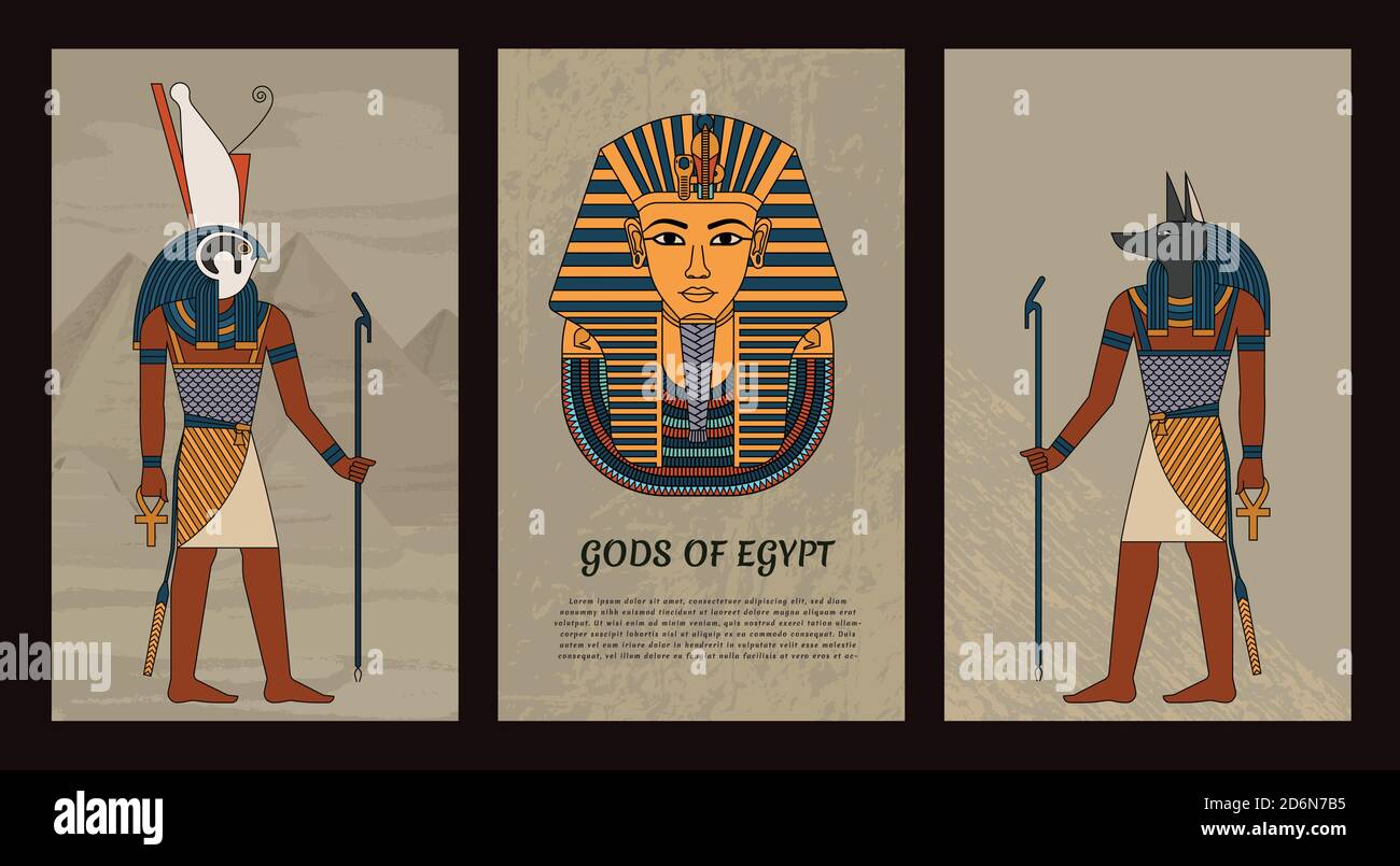 Vector illustration symbols of ancient Egypt Egyptian gods Anubis and Horus, and mask of pharaoh Tutankhamun. In colored vintage style. EPS 10. Stock Vector