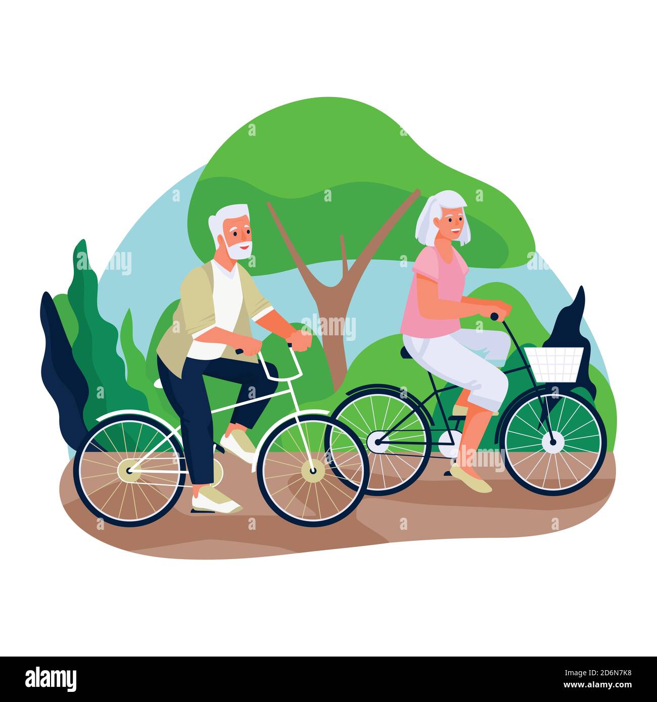 Elderly couple ride bicycles in the countryside. Vector flat cartoon illustration of spring or summer outdoor leisure. Concept of active healthy lifes Stock Vector