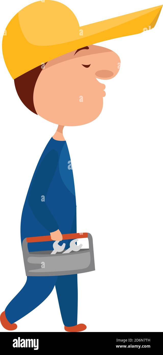 Handyman in yellow hat, illustration, vector on white background Stock Vector