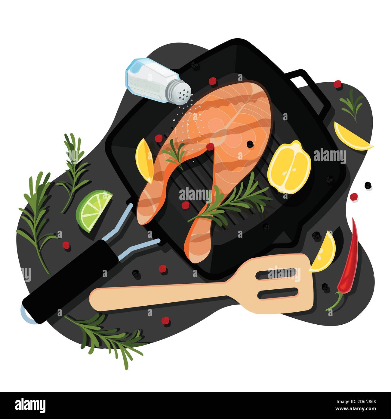 Cooking salmon steak, vector flat cartoon top view illustration. Black grill pan with fried sea fish, spices and ingredients. Seafood restaurant menu Stock Vector