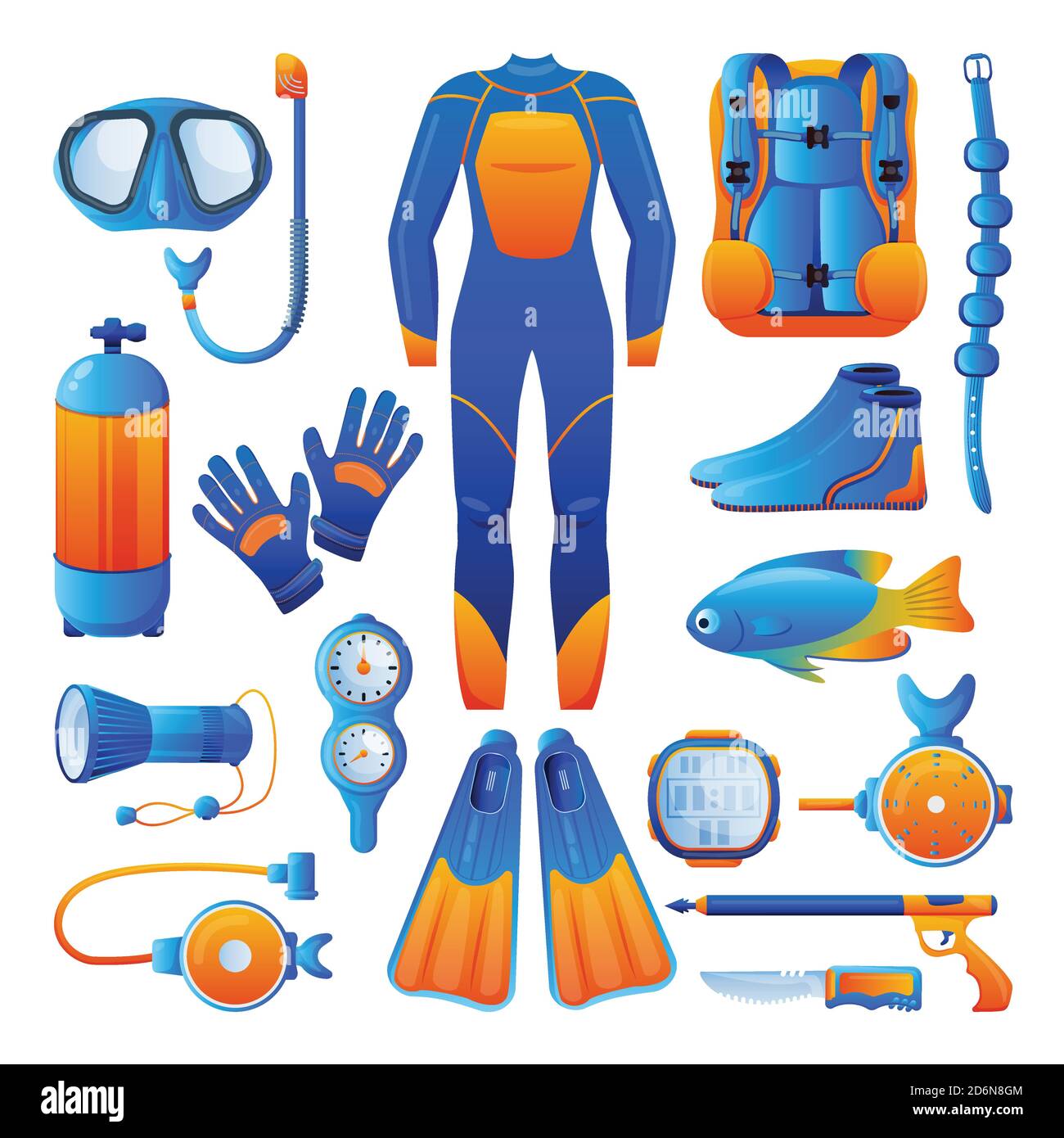 Diving and snorkelling equipment, icons and design elements set, isolated on white background. Vector flat cartoon illustration. Water and underwater Stock Vector