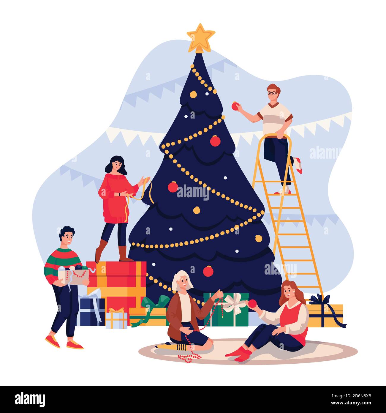 Happy young people decorating Christmas Tree. Family celebrating New Year Eve. Vector flat cartoon illustration. Men and women have a fun winter holid Stock Vector