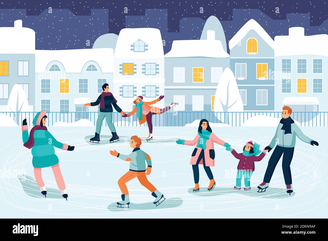 Happy young people skating. Couple, kids and family spend time on ice rink. Vector flat cartoon illustration. Outdoor winter leisure activity and seas Stock Vector