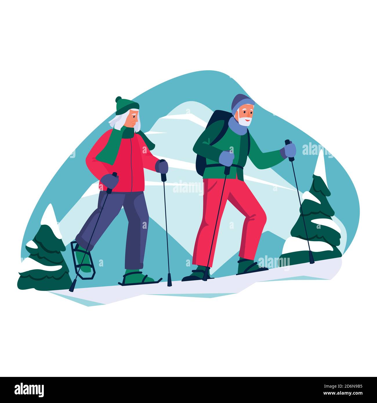 Elderly couple nordic walking in the mountains. Vector flat cartoon illustration of winter outdoor leisure. Concept of active healthy lifestyle of sen Stock Vector