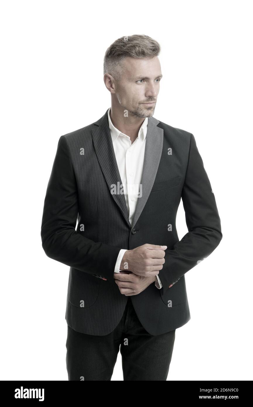 Rent suit service. Elegant outfit for event. Gentleman modern style barber. Barber shop concept. Guy well groomed handsome macho wear black tuxedo. Barber shop groom. Fashion clothes. Modern trend Sto...
