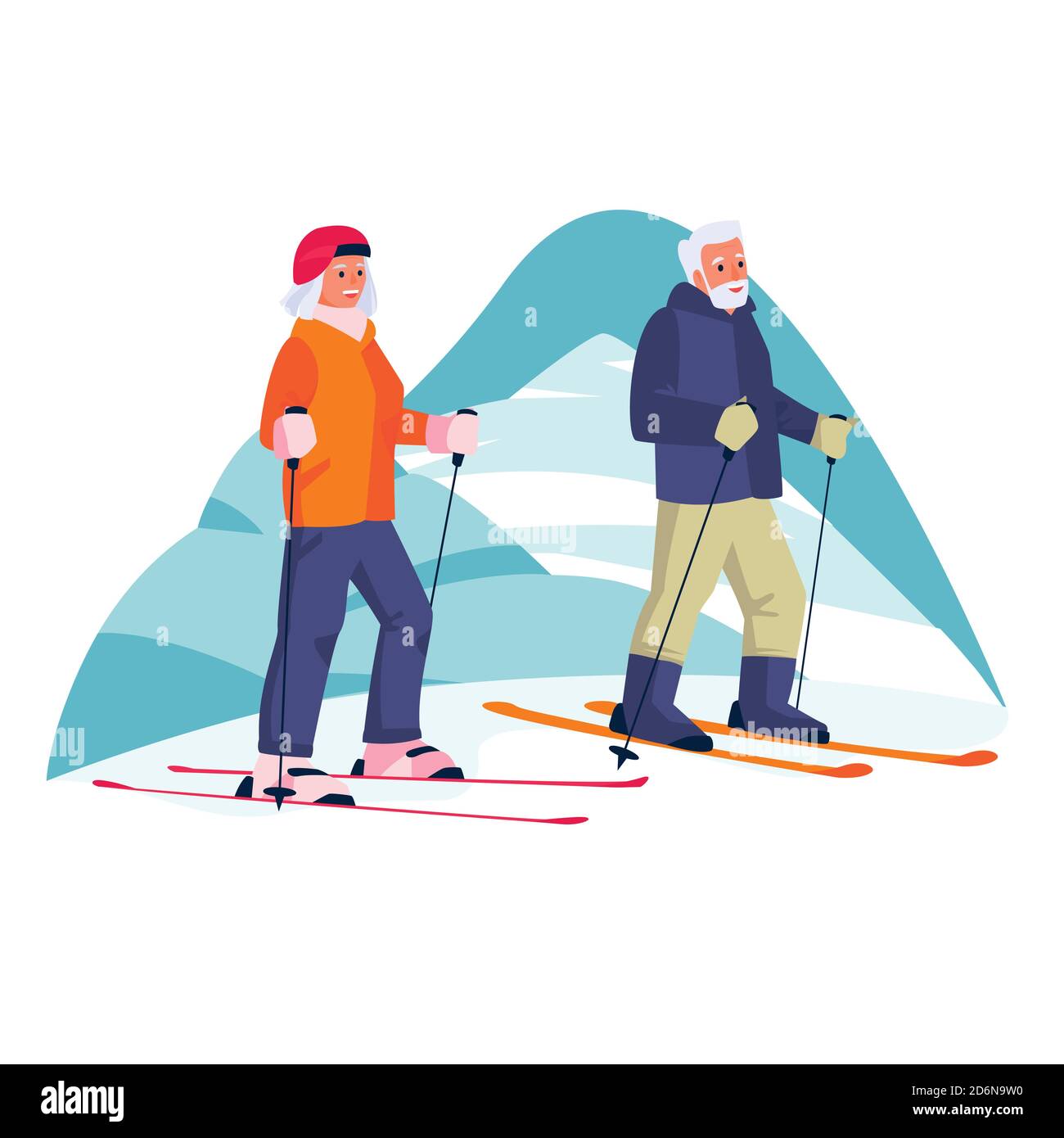Elderly couple skiing in the mountains. Vector flat cartoon illustration of winter outdoor leisure. Concept of active healthy lifestyle of seniors. Stock Vector